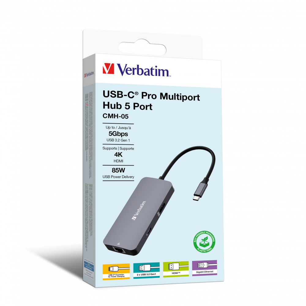 [23942321507] 23942321507 Verbatim USB-C Pro Multiport Hub 5 Port 1 x HDMI, 1 x RJ45, 2 x USB-A 3.2 Gen1, 1 x USB-C PD (Power Delivery). Ultra Portable for notebook, phone, pad