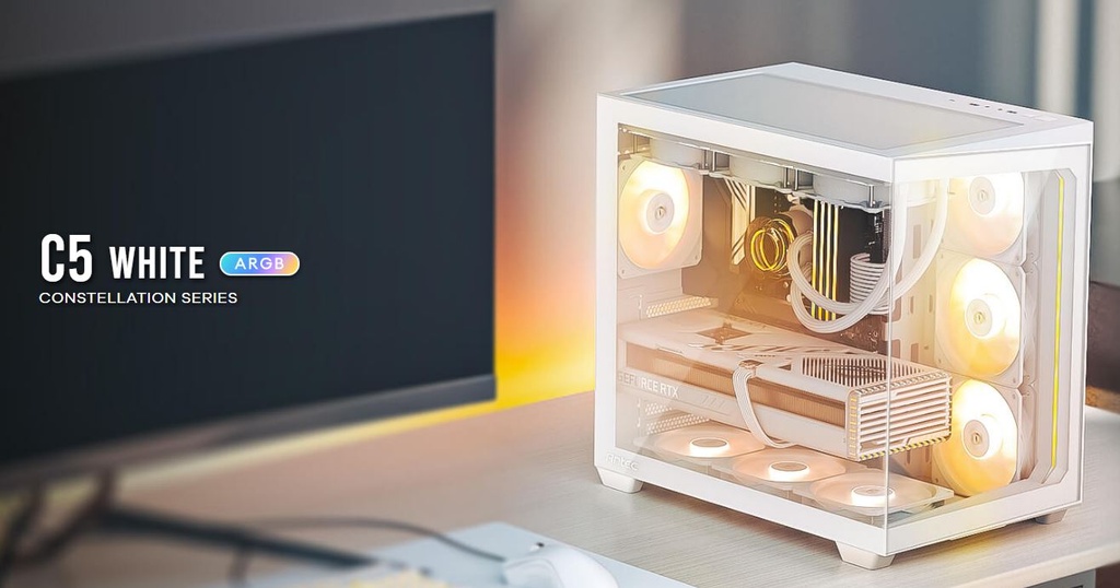 [761345100342] 761345100342 Antec C5 ARGB ATX, mATX Seamless Edge to Edge, White , 270 degrees, 7x ARGB + PWM Controller, 4090 Back Connect, USB-C, Dual Chamber Gaming Case