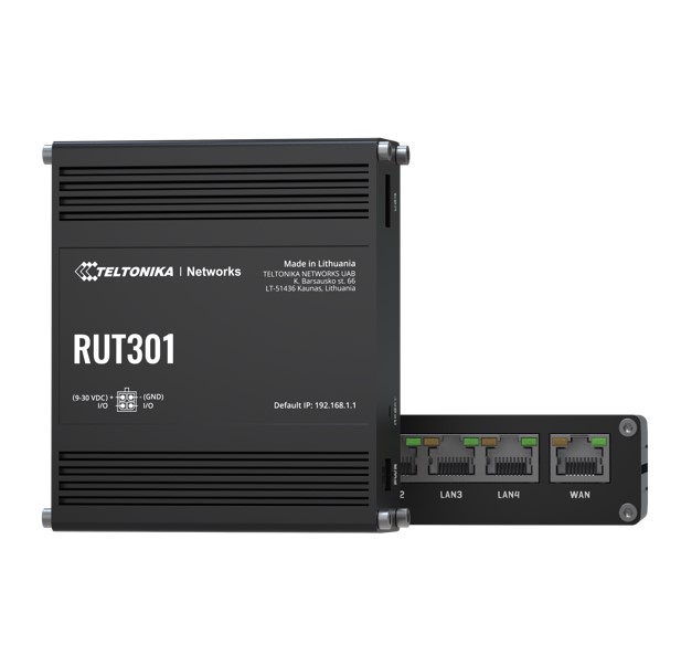 [NHT-RUT301] Teltonika RUT301 Industrial Ethernet Router, Rugged Industrial Ethernet Router, 5 Ethernet Ports, 2 Configurable Digital Inputs/Outputs, PSU included