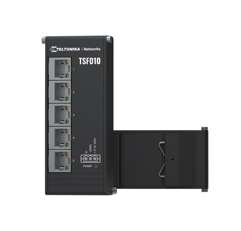 [4779051841356] 4779051841356 Teltonika TSF010 Flat Ethernet Switch, 3-Pin Power Input, Flat and Compact Design, Plug-and-Play, 7-57 VDC, PSU excluded