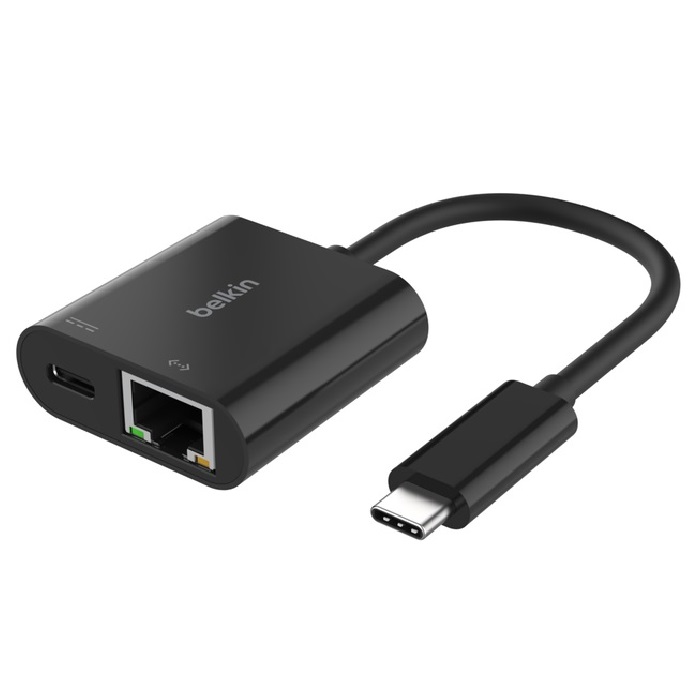 [745883877584] Belkin USB-C to Ethernet + Charge Adapter - Black(INC019BTBK), USB-C Power Delivery up to 100W, Ethernet connection supporting 10/100/1000 Mbps