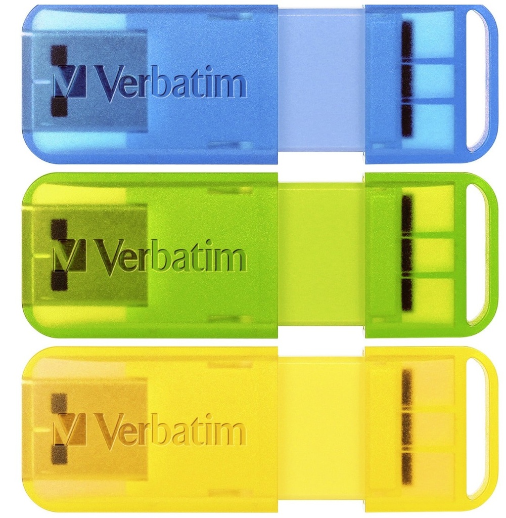 [4895117967614] 4895117967614 Verbatim Pop-Up 32GB USB 2.0 Triple Pack - Assorted Bright Colours, Blue, Green, Yellow