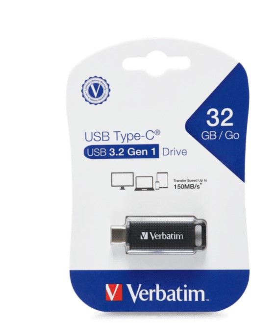 [23942709039] Verbatim Type-C USB 3.2 Gen 1 Flash Drive 32GB - Black Retail Pack 70903 Ultra Fast Transfer, Compact and Light weight design