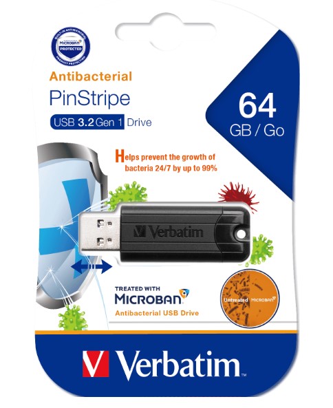 [4895117967768] Verbatim 64GB Antibacterial Pinstripe USB 3.0 Drive (with Microban®) Black