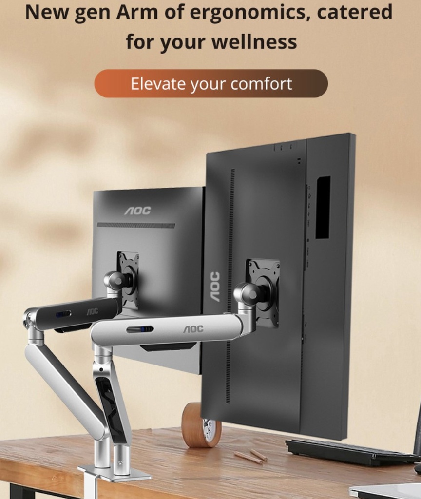 [4038986631396] 4038986631396 AOC AM420S Dual Mount Sliver 2-9kg per Arm, 17-34" VESA 75 and 100. Clamp and Grommet mount, Mechanical Spring, Monitor Arm