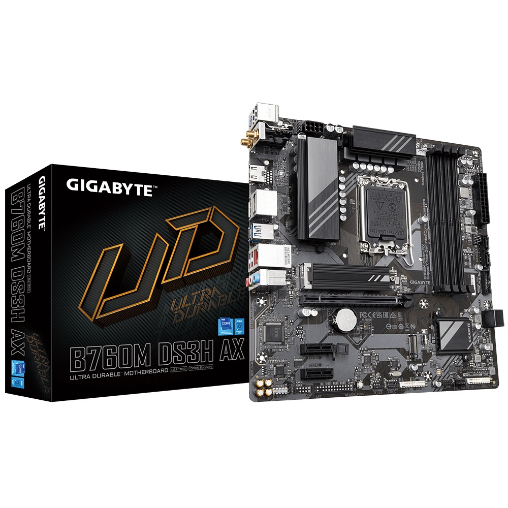 [4719331851767] 4719331851767 Gigabyte B760M DS3H AX Intel LGA 1700 mATX Motherboard, 4x DDR5 ~192GB, 1x PCI-E x16, 2x M.2, 4x SATA,  3x USB 3.2, 1x USB-C, 2x USB 2.0