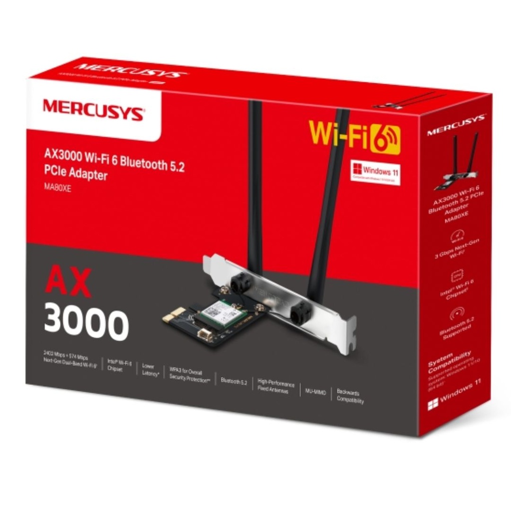 [6957939000844] Mercusys MA80XE AX3000 Wi-Fi 6 Bluetooth 5.2 PCIe Adapter, 2402Mbps @5 GHz, 574Mbps @2.4GHz