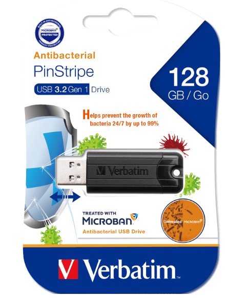 [4895117967775] 4895117967775 Verbatim 128GB Antibacterial Pinstripe USB 3.0 Drive (with Microban®) Black