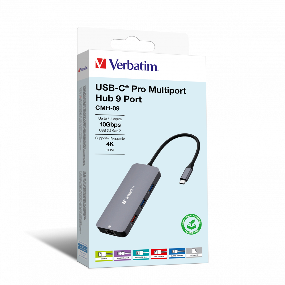 [23942321521] 23942321521 Verbatim USB-C Pro Multiport Hub 9 Ports,1 x HDMI, 1 x RJ45, 2 x USB-C 3.2 Gen2, 1 x USB-A 3.2 Gen2, 2 x USB-A 3.2 Gen1, 1 x SD card slot, 1 x microSD
