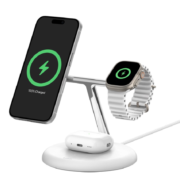 [745883868629] Belkin BoostCharge Pro 3-in-1 Magnetic Wireless Charging Stand with Qi2 15W White(WIZ023AUWH), 36W Power Supply With Attached USB-C Cable