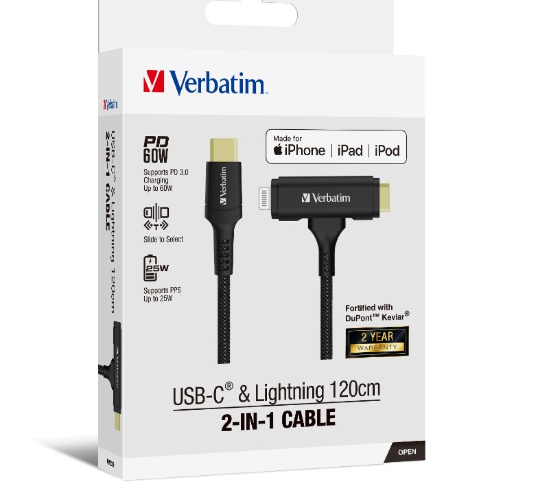 [4895117969748] 4895117969748 Verbatim 2-in-1 Cable Type C to C  Lightning Kevlar Slide 120cm -BLK