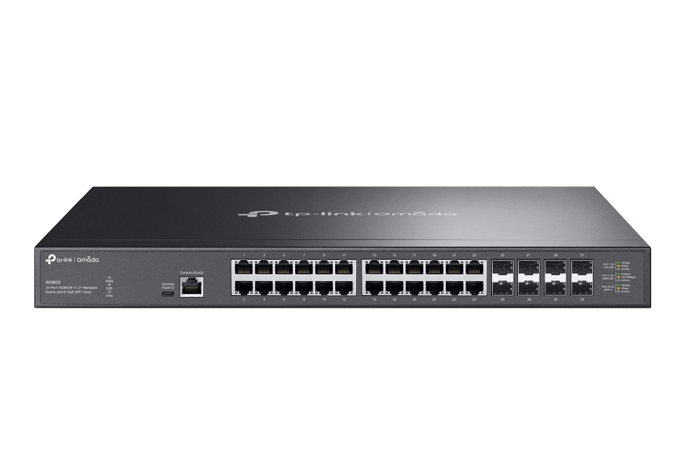 X3832 TP-Link S Omada 24-Port 10GBASE-T L2+ Managed Switch with 8 10GE SFP+ Slots (S)；24× 1/2.5/5/10 Gbps RJ45 ports；8× 1/10 Gbps SFP+ slots; 640