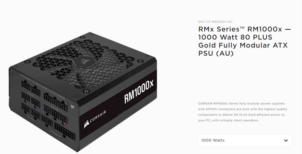 M1000 Corsair R 1000W RMX 80+ Gold Fully Modular, 90% Efficiency, ML 135mm FAN, Cybernetics certification,  ATX Power Supply, PSU, 10 Years Warranty