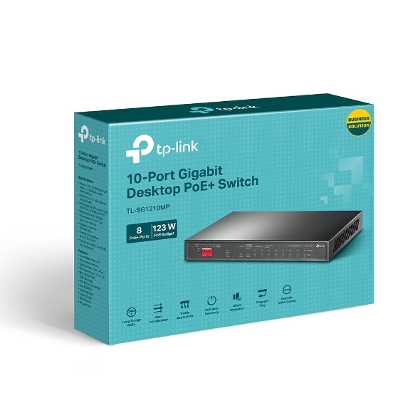 G1210MP TP-Link TL-S 10-Port Gigabit Desktop Switch with 8-Port PoE+PORT: 8× Gigabit PoE+ Ports, 2x Gigabit Non-PoE Ports, 1× Combo Gigabit SFP SlotS