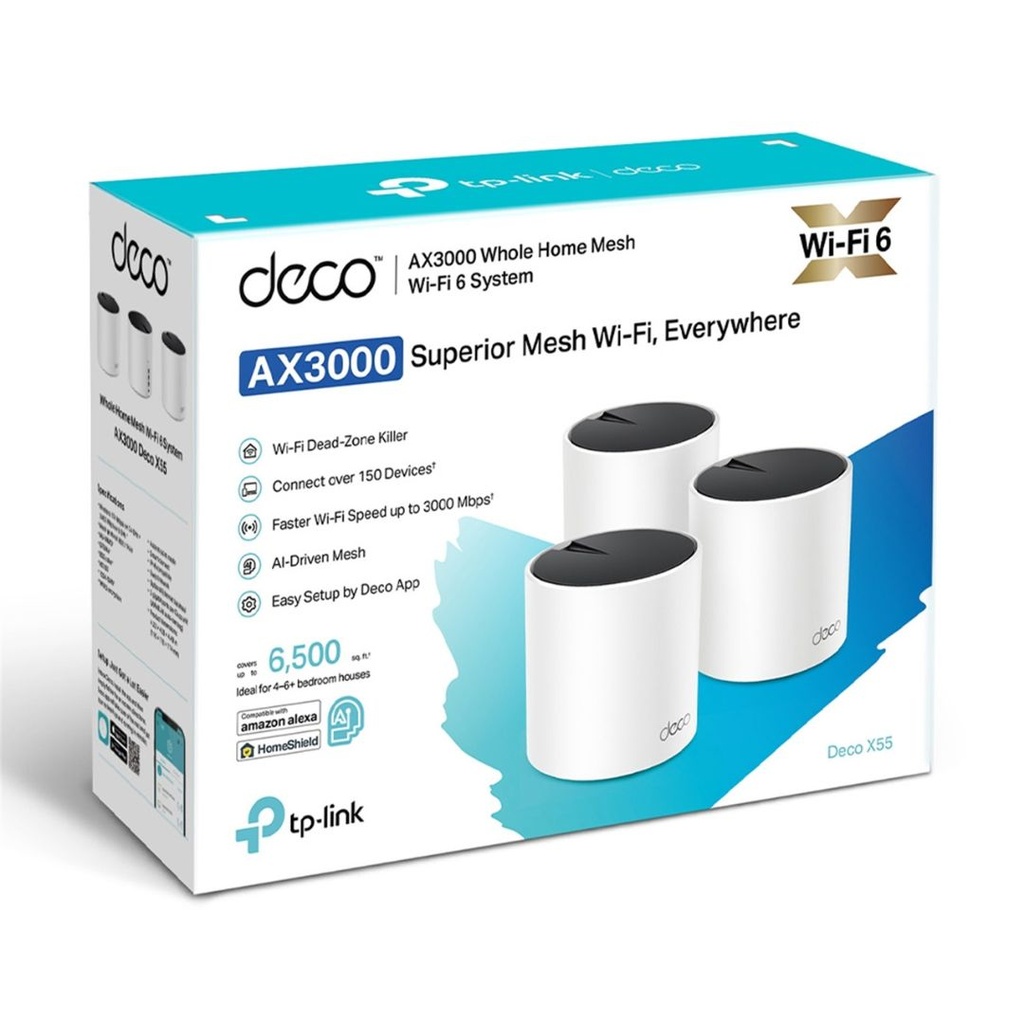 X3000 TP-Link Deco X55(3-pack) A Whole Home Mesh WiFi 6 Router, Dual-Band with Smart Antennas, MU-MIMO, HomeShield Security