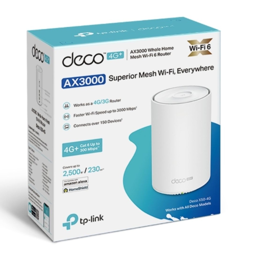 X3000 TP-Link Deco X50-4G(1-pack) 4G+ A Whole Home Mesh Wi-Fi 6 Router, Build-In 300Mbps 4G+ LTE Advanced Modem