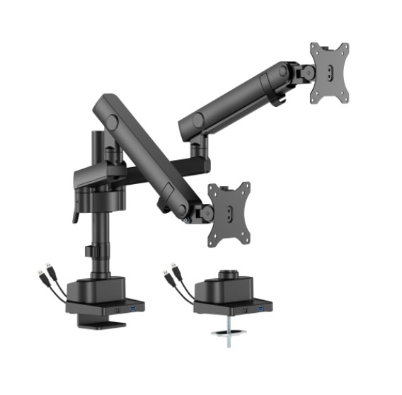 T84-C024UCP-B Brateck LD DUAL SCREEN POLE-MOUNTED HEAVY-DUTY MECHANICAL SPRING MONITOR ARM WITH USB PORTS BLACK (LS)