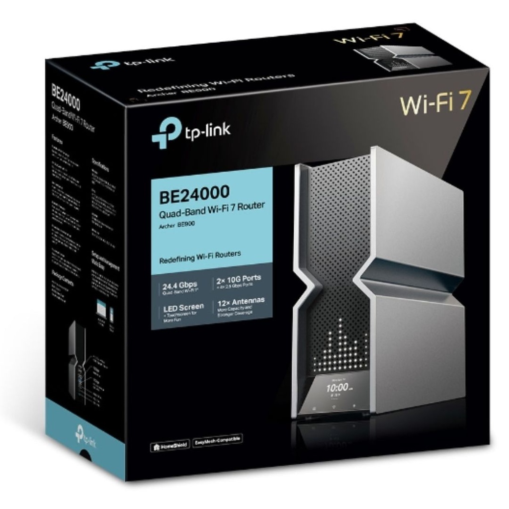 E24000 TP-Link Archer BE900 B Quad-Band Wi-Fi 7 Router (WIFI7) 1376 Mbps at 2.4 GHz + 5760 Mbps at 5 GHz_1+ 5760 Mbps at 5 GHz_2 + 11520 Mbps at 6 GHz
