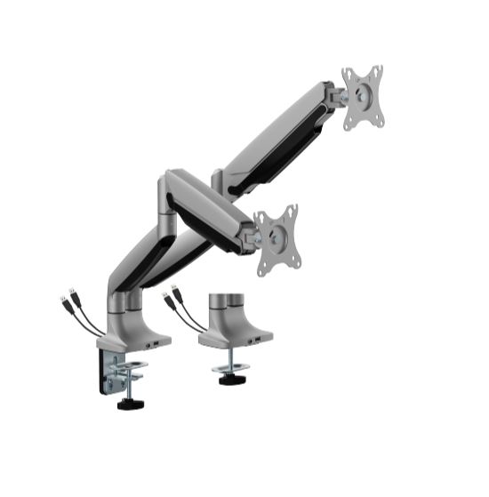 T82-C024UCE BrateckLD DUAL SCREEN HEAVY-DUTY MECHANICAL SPRING MONITOR ARM WITH USB PORTS For most 17"~35" Monitors, Matte Silver(LS)