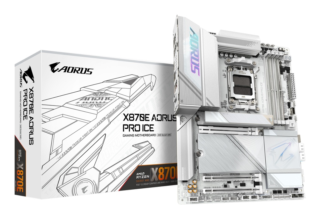 [X870E AORUS PRO ICE] X870E AORUS PRO ICE Gigabyte  AMD AM5 ATX Motherboard 4x DDR5~256GB,3x PCIe x16, 4x M.2, 4x SATA 6,7x USB 3.2, 2x USB2.0, 2x USB-C,