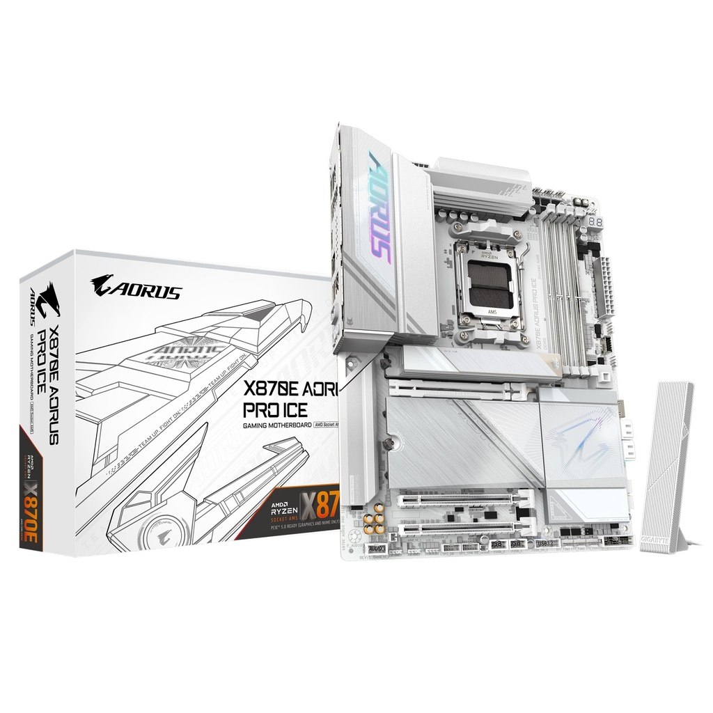 [X870E AORUS PRO ICE] X870E AORUS PRO ICE Gigabyte  AMD AM5 ATX Motherboard 4x DDR5~256GB,3x PCIe x16, 4x M.2, 4x SATA 6,7x USB 3.2, 2x USB2.0, 2x USB-C,