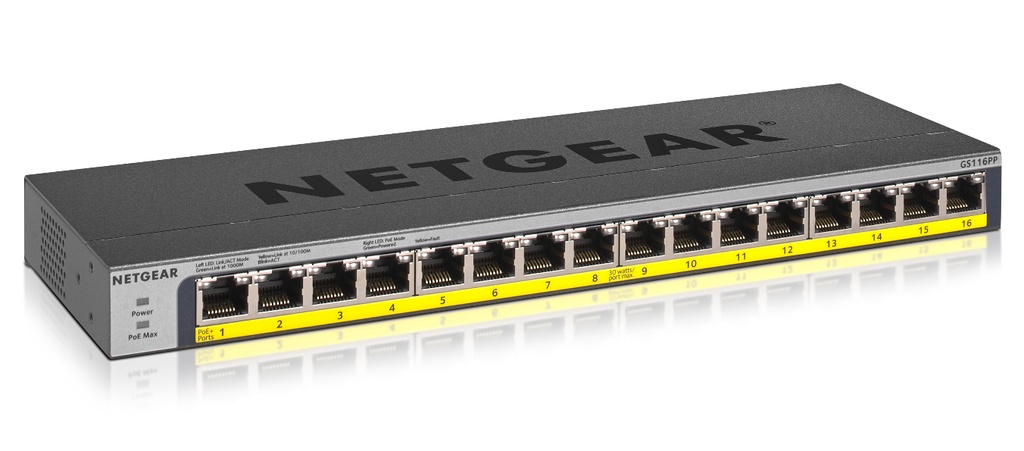 [GS116PP-100AJS] GS116PP-100AJS NETGEAR 16-Port PoE/PoE+ Gigabit Ethernet Unmanaged Switch with 183W PoE Budget, Rack-mount or Wall-mount (GS116PP