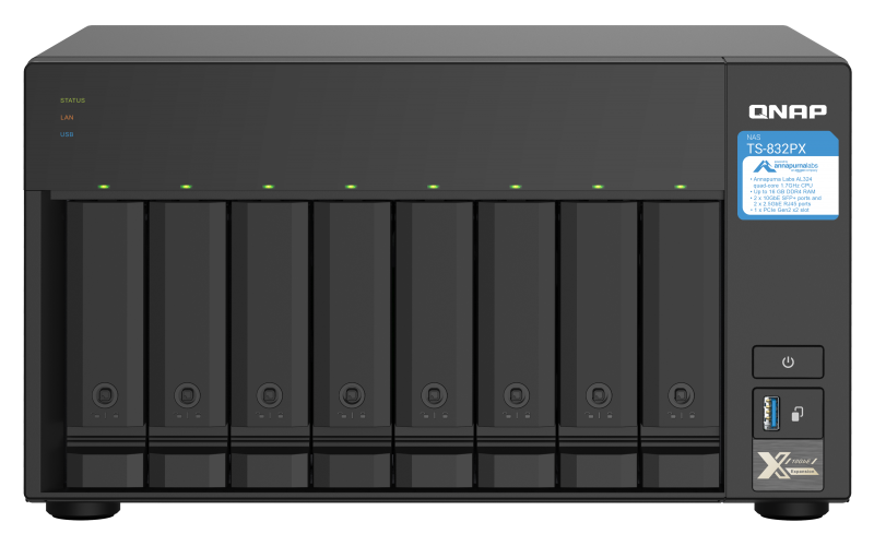 8-Bay NAS, AL324 64-bit quad-core 1.7GHz, 4GB DDR4 SODIMM RAM (1 x 4GB, max 16GB), 8 x 3.5"/ 2.5" drive slots, 2 x 10GbE SFP+ LAN, 2 x 2.5GbE LAN
