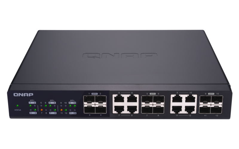12 10GbE SFP+ ports with shared 8 10GBASE-T ports unmanage switch, NBASE-T support for 5-speed auto negotiation (10G/5G/2.5G/1G/100M)