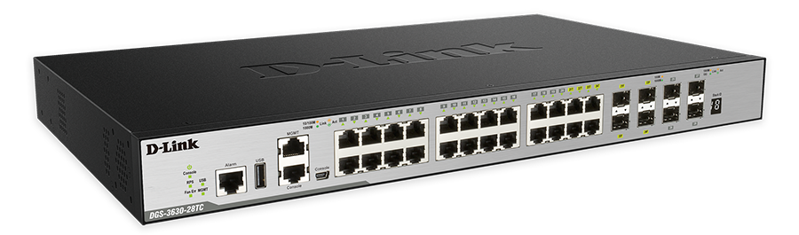 28-Port Gigabit xStack Layer 3+ Managed Stackable Switch with 24 1000Base-T (4 Combo SFP) and 4 10 GbE SFP+ Ports  (Advanced Layer 3 functionality req