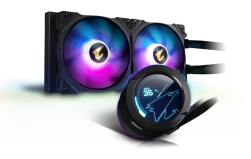 AORUS-WATERFORCE-X-280 RGB FUSION 2.0, w LCD display AIO liquid cooler, Universal fan & pump RPM control, supports all MB brands