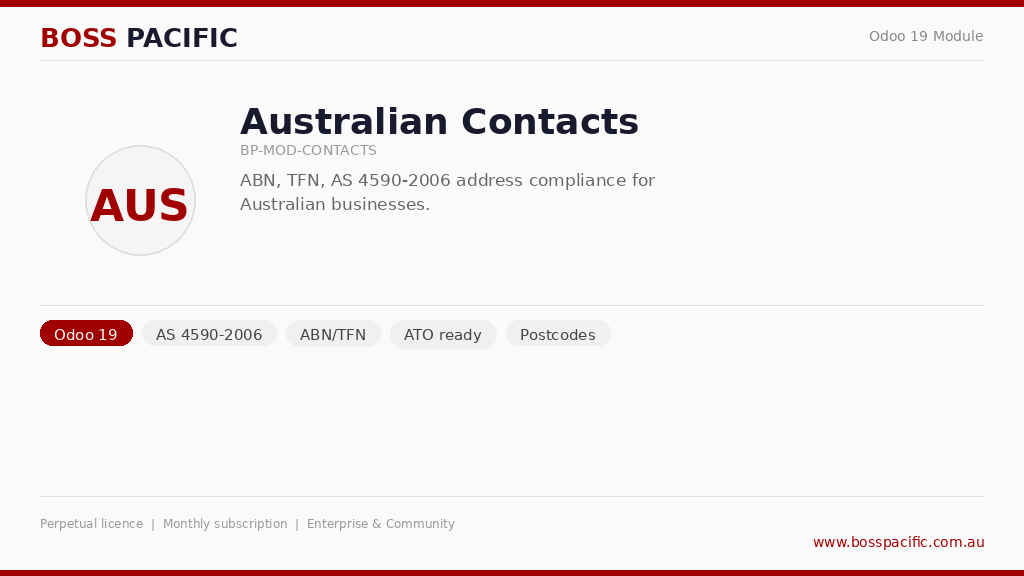 [BP-MOD-CONTACTS] BOSS Pacific Contacts — Australian Address Standards