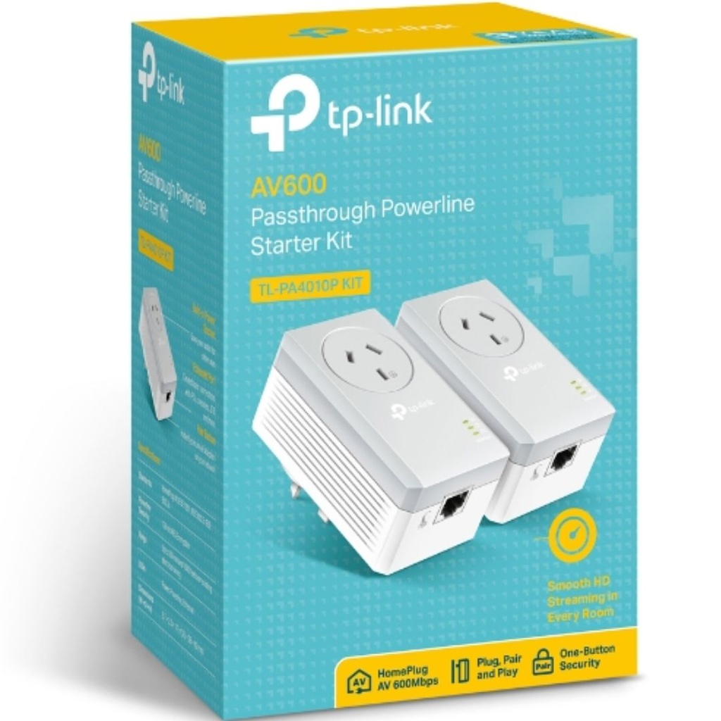 NWTL-PA4010P-KT TP-Link TL-PA4010P KIT AV600 Powerline Adapter with AC Pass Through Starter Kit 600Mbps HomePlug AV 1x100Mbps LAN Power Socket 300m ~TL-PA4016P KIT