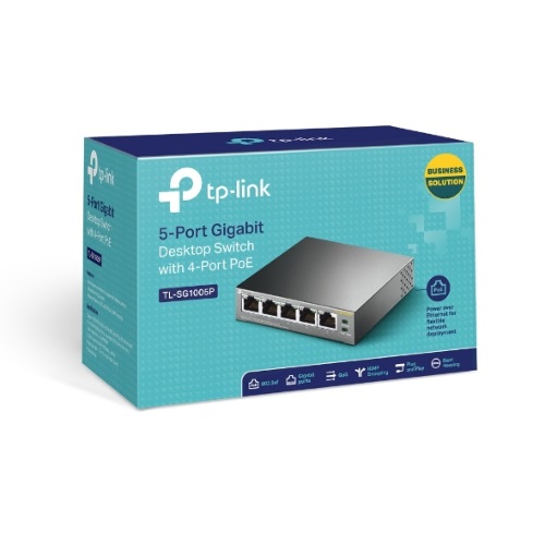NWTL-SG1005P (CH)TP-Link TL-SG1005P 5-Port Gigabit Desktop Switch with 4-Port PoE, 5 Gigabit RJ45 ports including 4 PoE ports, 56W PoE Power supply, steel case