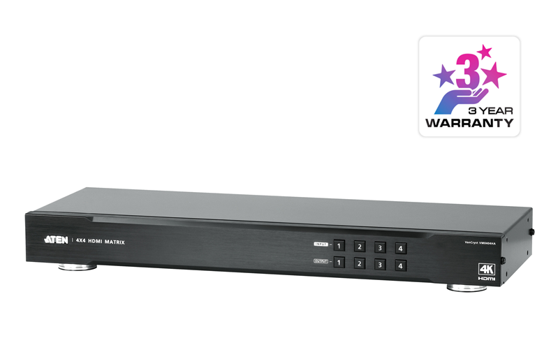 KVA-VM-0404HA Aten Professional Matrix 4x4 HDMI Matrix, Supports 4K Resolutions tp to UHD, control via front-panel pushbuttons, IR remote and RS232