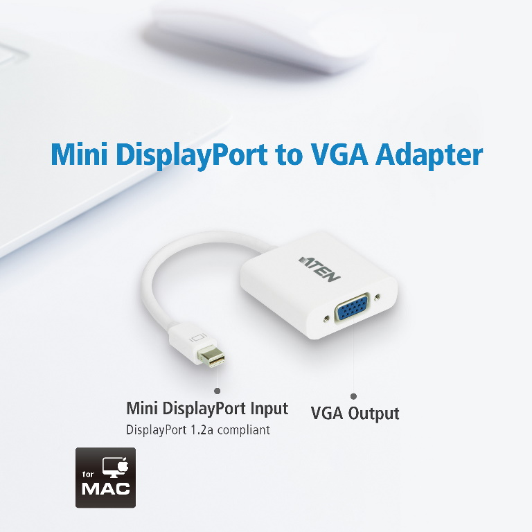 KVA-VC-920 Aten Mini DisplayPort to VGA Adapter , Supports VGA, SVGA, XGA, SXGA, UXGA and resolutions up to 1920x1200(PC) / 1080p(HDTV)