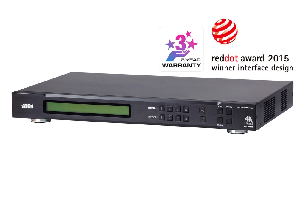 KVA-VM-0404HB Aten Professional Matrix 4x4 True HDMI Matrix, Supports True 4K Resolutions, control via front-panel pushbuttons, IR remote and RS232