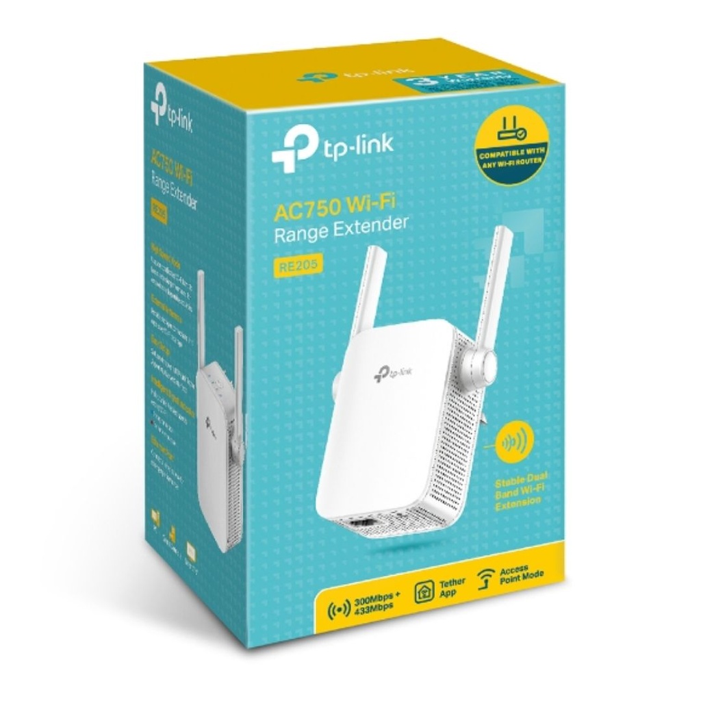 NWTL-RE205 TP-Link RE205 AC750 Wi-Fi Range Extender, Dual Band: 2.4GHz @ 300Mbps, 5GHz @ 433Mbps.