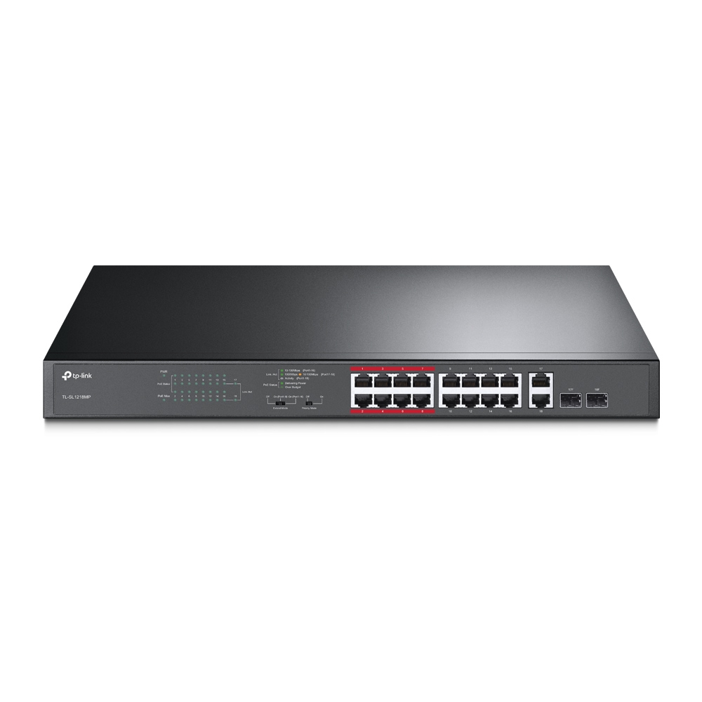 NWTL-SL1218MP (E)TP-Link TL-SL1218MP 16-Port 10/100Mbps PoE+ Switch, 16 10/100Mbps RJ45 Ports, 2 Gigabit RJ45 Ports, 2 Combo SFP Slots, 802.3at/af, 192W PoE Power,
