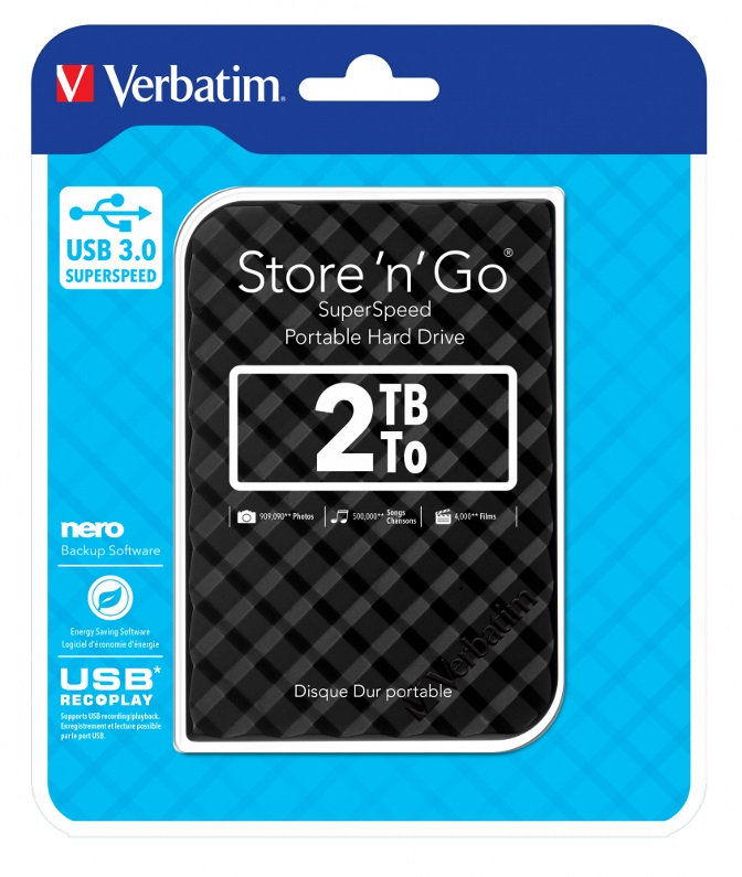 HXV-2TBG4BLACK Verbatim 2TB 2.5' USB 3.0 Black Store'n'Go HDD Grid Design, Ultra Portable, High Speed & Capacity. Backup and Store + Nero Backup Software