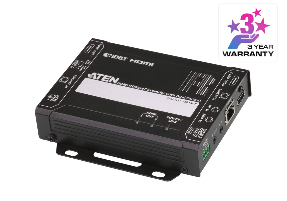 KVA-VE814AR Aten HDMI HDBaseT Receiver with Dual 4K Output, one local HDMI output, supports up to 4K@70m (Cat 5e/6) and 100m (Cat 6A), extends RS232 and IR