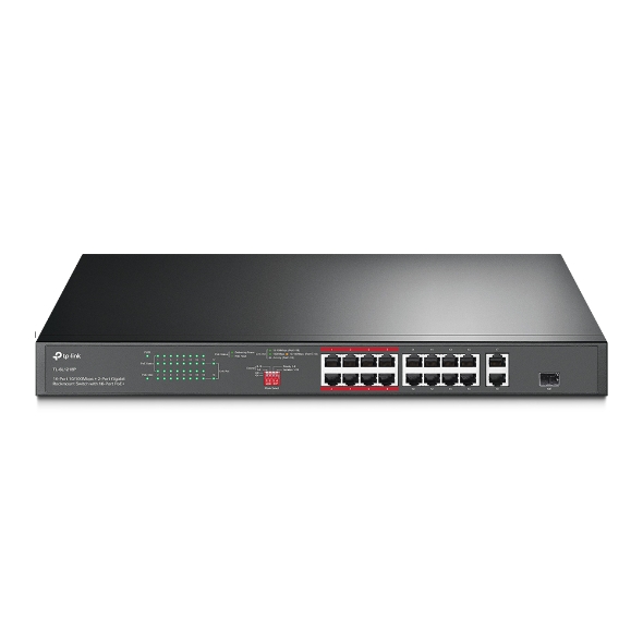 NWTL-SL1218P TP-Link TL-SL1218P 16-Port 10/100 Mbps + 2-Port Gigabit Rackmount Switch with 16-Port PoE+, Up to 150W for all PoE ports, Up to 30W for each PoE port