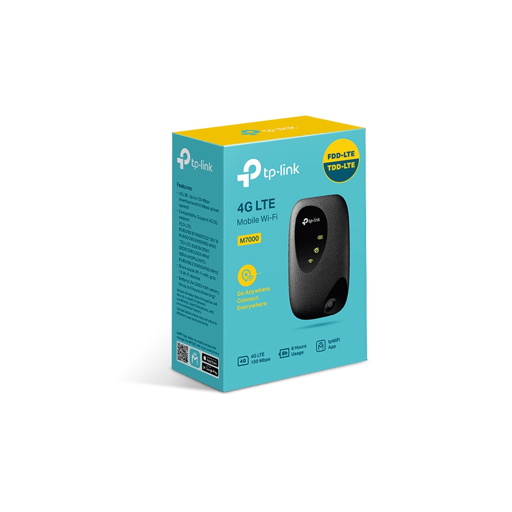NWTL-M7000 (E)TP-Link M7000 4G-LTE Mobile Wi-Fi 150Mbps DL 50Mbps UL 4G SIM Card Slot 2000mAh 8hrs Rechargeable Battery for 10 Devices iOS/Android App