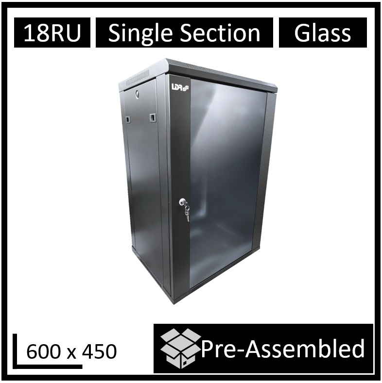RCLDR-SS450-18U-A LDR Assembled 18U Wall Mount Cabinet (600mm x 450mm) Glass Door - Black Metal Construction - Top Fan Vents - Side Access Panels