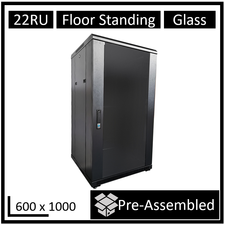 RCLDR-FS1000-22U-A LDR Assembled 22U Server Rack Cabinet (L600mm x W1000mm x H1070mm), Glass Door,1x 8-Port PDU, 1x 4-Way Fan, 2x Fixed Shelves -Black Metal Construction