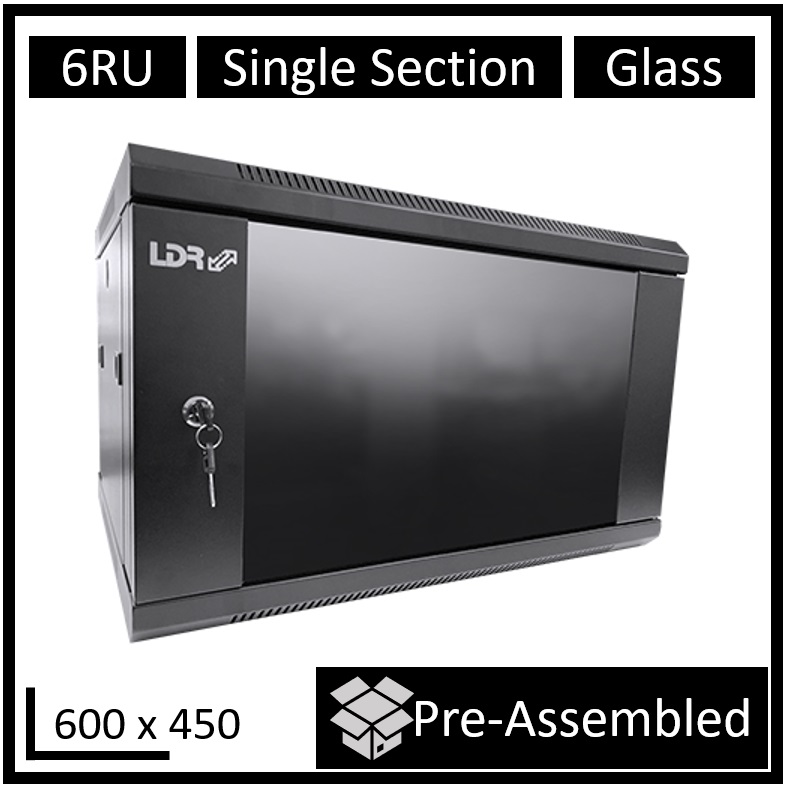 RCLDR-SS450-6U-A LDR Assembled 6U Wall Mount Cabinet (600mm x 450mm) Glass Door - Black Metal Construction - Top Fan Vents - Side Access Panels