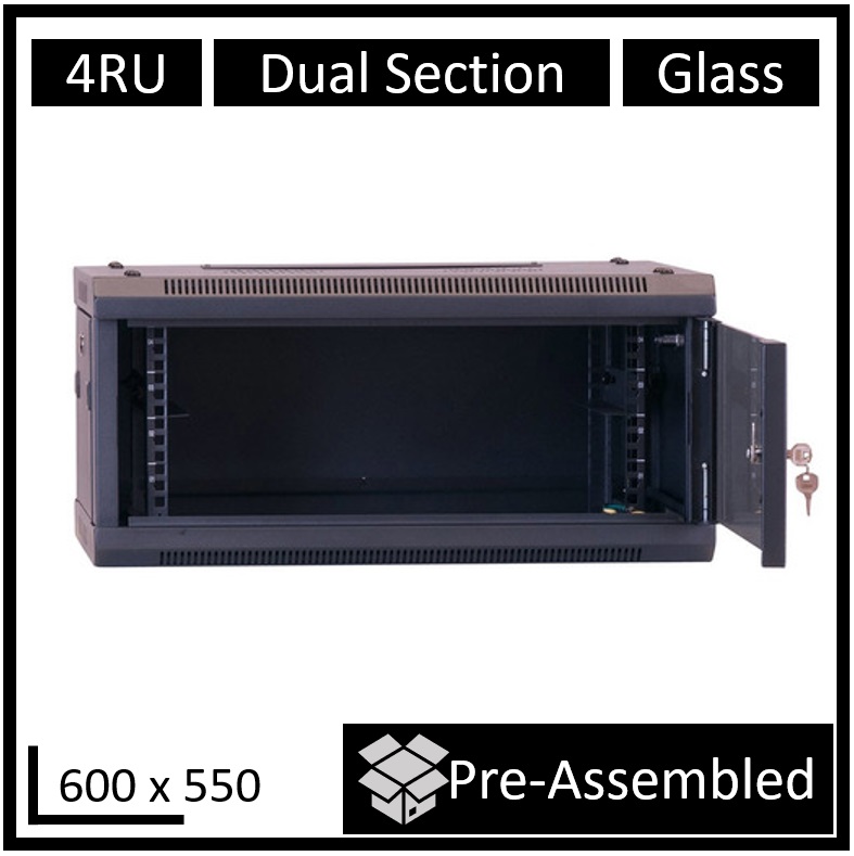 RCLDR-DS550-4U-A LDR Assembled 4U Hinged Wall Mount Cabinet (600mm x 550mm) Glass Door - Black Metal Construction - Top Fan Vents - Side Access Panels