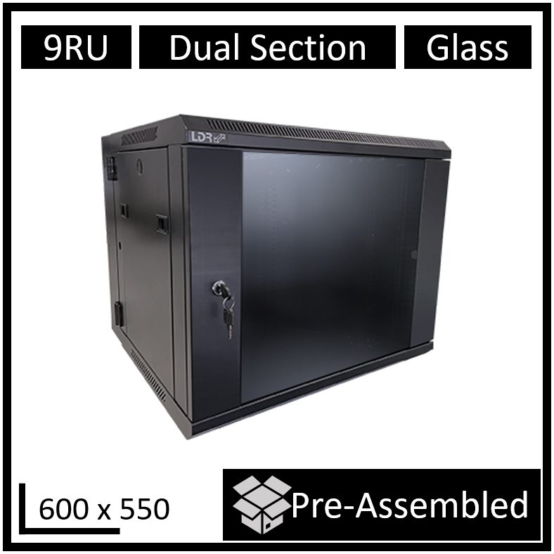 RCLDR-DS550-9U-A LDR Assembled 9U Hinged Wall Mount Cabinet (600mm x 550mm) Glass Door - Black Metal Construction - Top Fan Vents - Side Access Panels