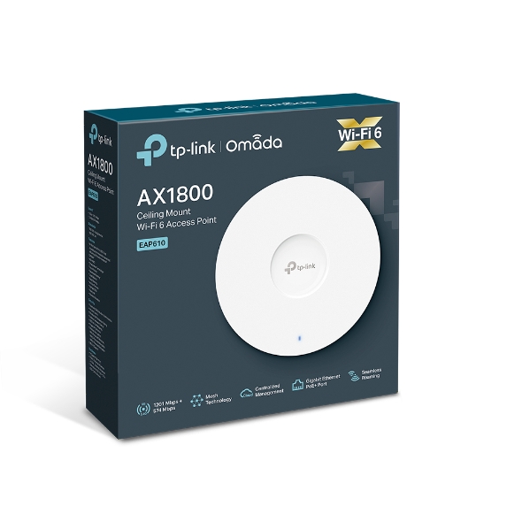 NWTL-EAP610 TP-Link EAP610 Omada AX1800 Wireless Dual Band Ceiling Mount Access Point, WiFi 6, 1201 Mbps 5GHz, Omada, Centralised Cloud, PoE+ Powered