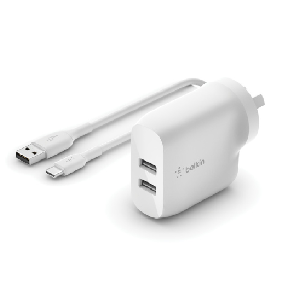 MPABDUSBC24WWHT Belkin BoostCharge 24W Dual USB-A Wall Charger + USB-A to USB-C Cable (1M) - White (WCE001au1MWH), 2xUSB-A (12W), CEW $2,500, 2 Years Warranty