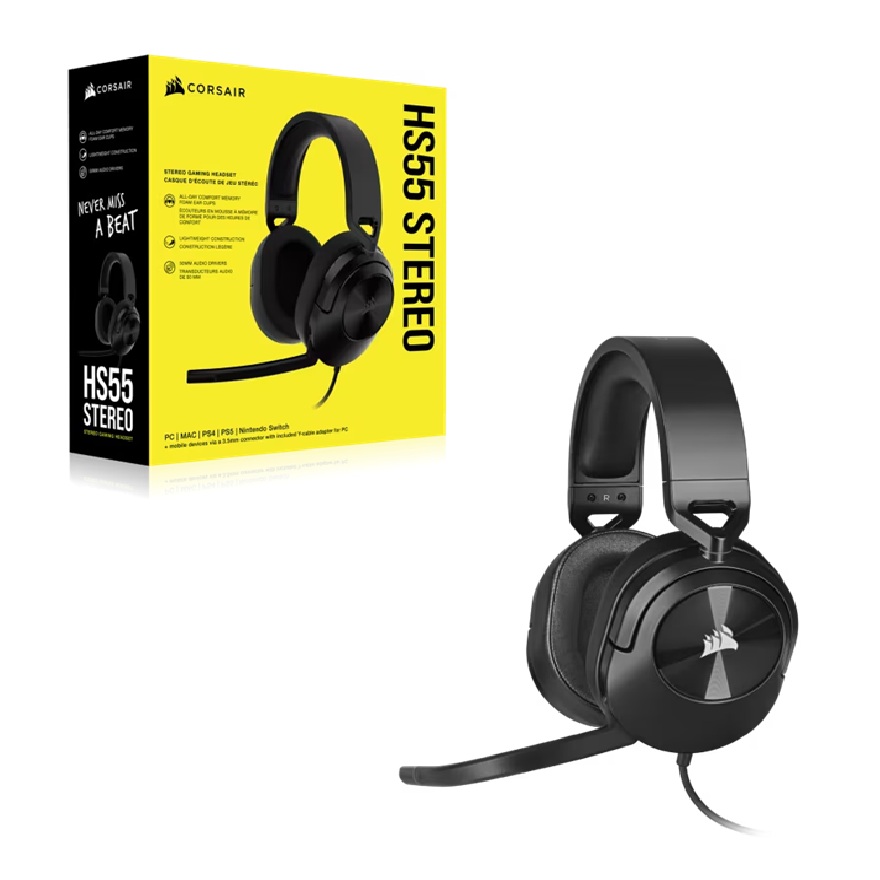SPCA-HS55-CB Corsair HS55 STEREO Wired Gaming Headset - Carbon, 50mm drivers, 20Hz–20kHz, wired 3.5mm stereo, multi-platform support (PC/PS/Xbox/Switch/mobile)